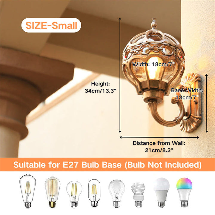 "Elegant bronze/black outdoor wall light with matte finish, transparent globe shade, perfect for garden or porch lighting."