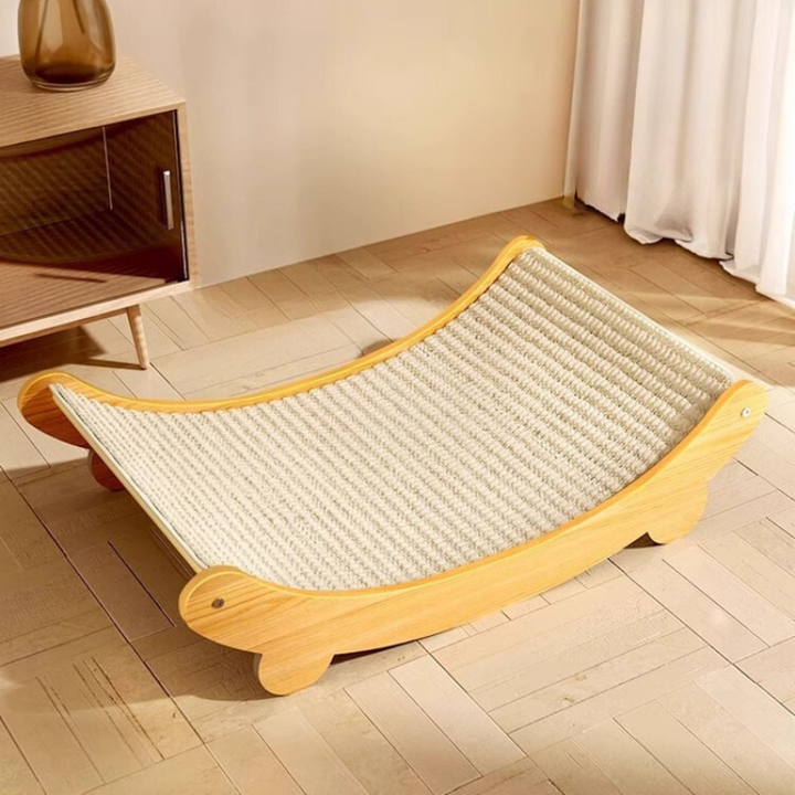 "Elegant cat scratcher lounge with curved design, offering comfort and a scratching area to protect furniture."