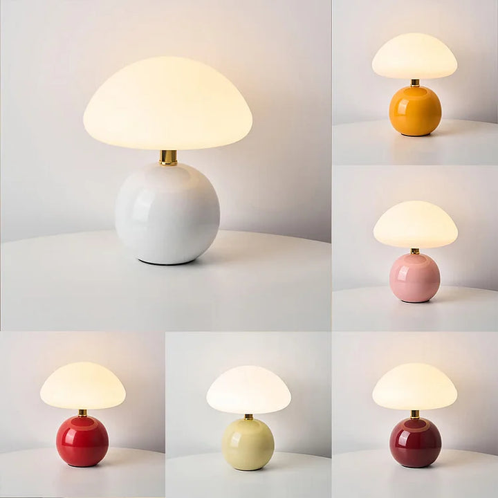 "Elegant French cream mushroom table lamp with adjustable LED colors, inspired by whimsical design and Bauhaus style."