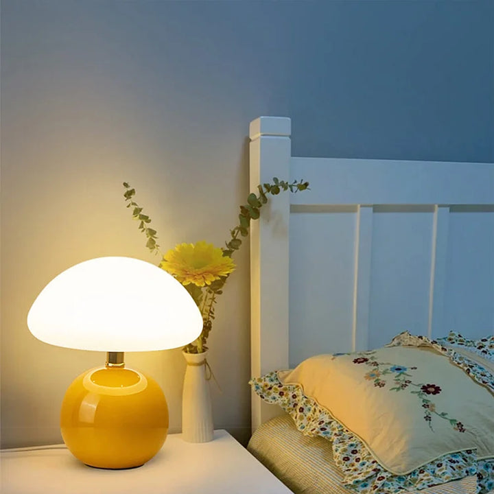 "Elegant French cream mushroom table lamp with adjustable LED colors, inspired by whimsical design and Bauhaus style."
