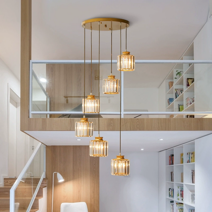 "Elegant gold and black crystal chandelier with cascading crystals, perfect for staircases and grand entryways, luxurious lig