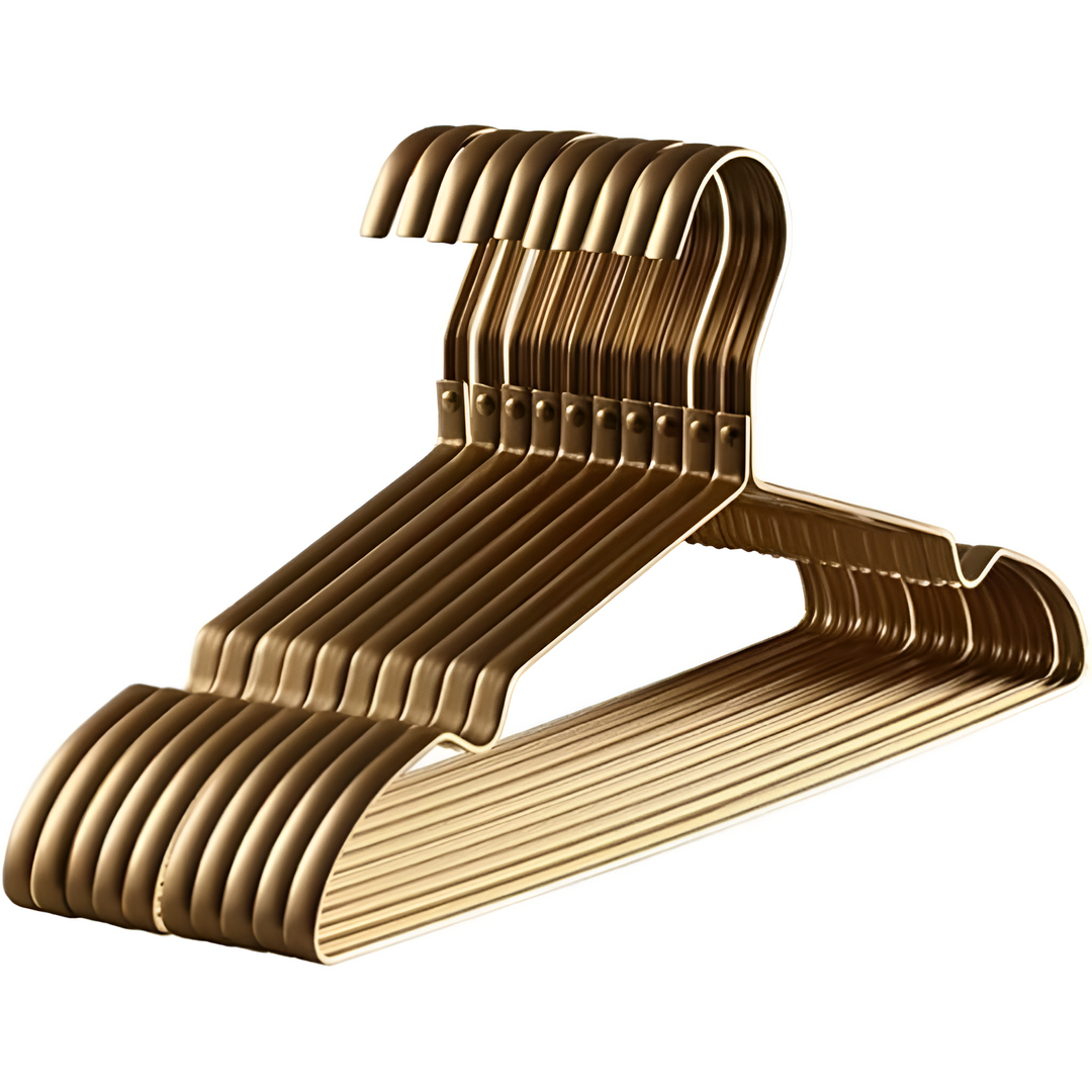"Elegant gold and silver anti-slip clothes hangers with velvet finish, slim design, and 360° chrome swivel hook in closet."