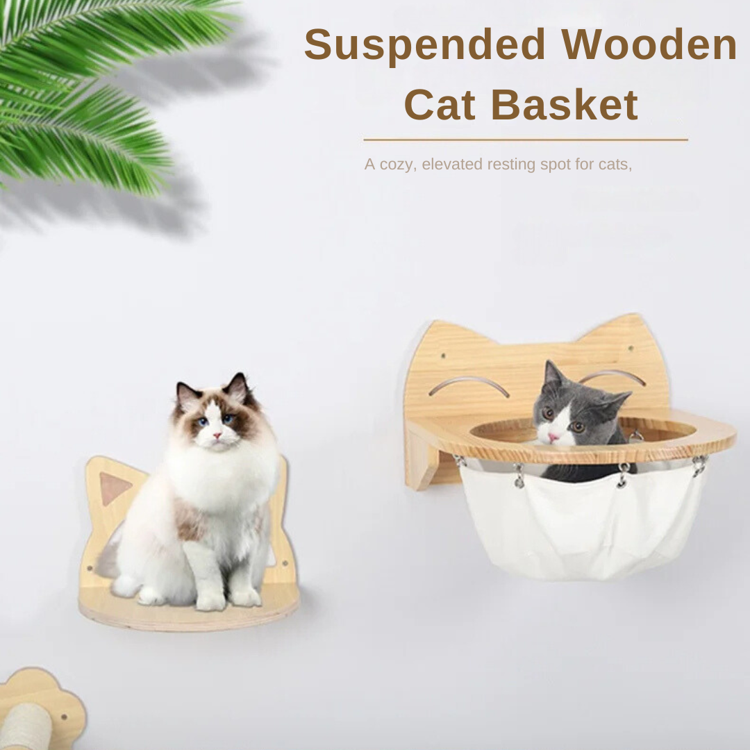 "Elegant hanging wooden cat basket, elevated perch, modern home décor, stylish pet supplies, cozy wooden hammock."