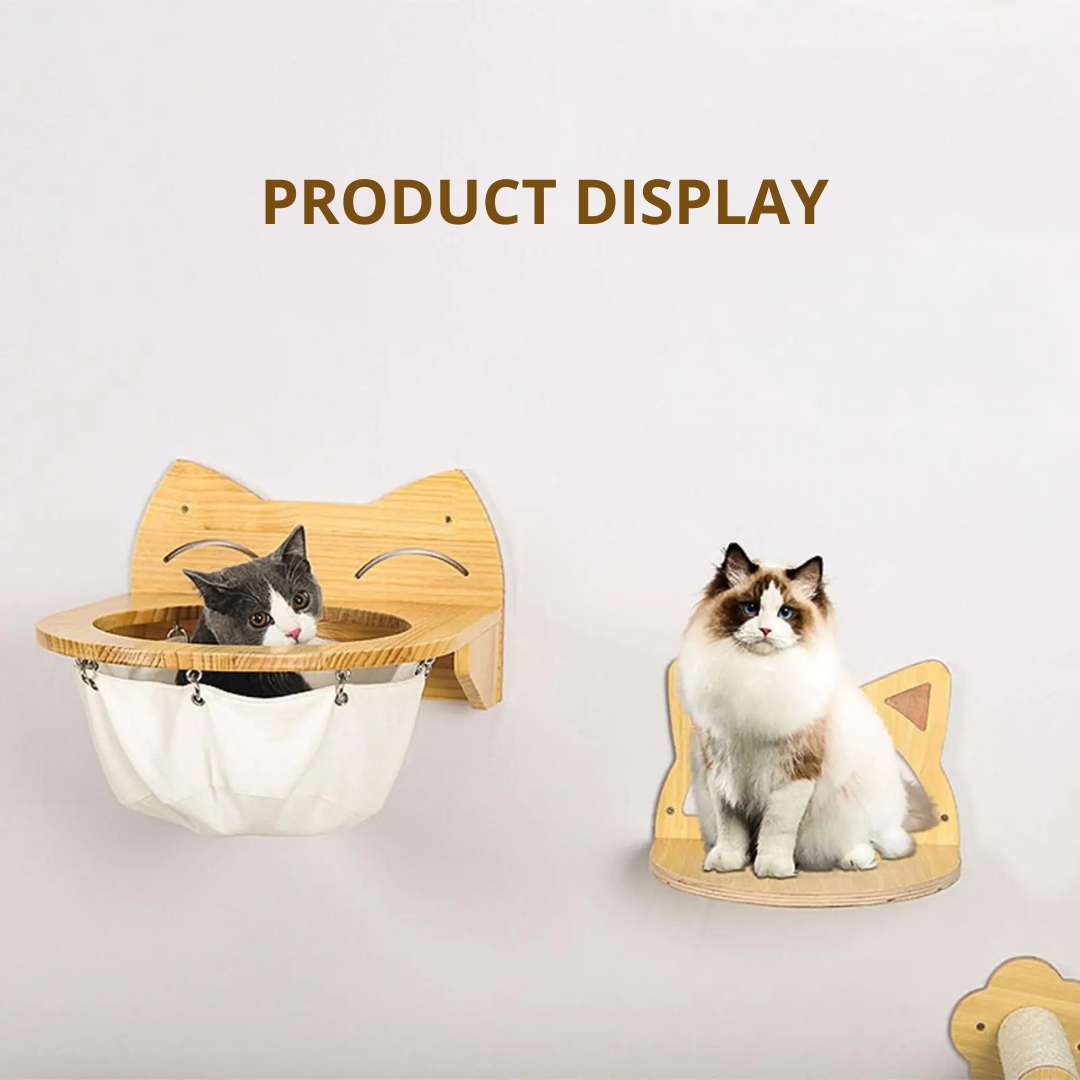 "Elegant hanging wooden cat basket, elevated perch, modern home décor, stylish pet supplies, cozy wooden hammock."