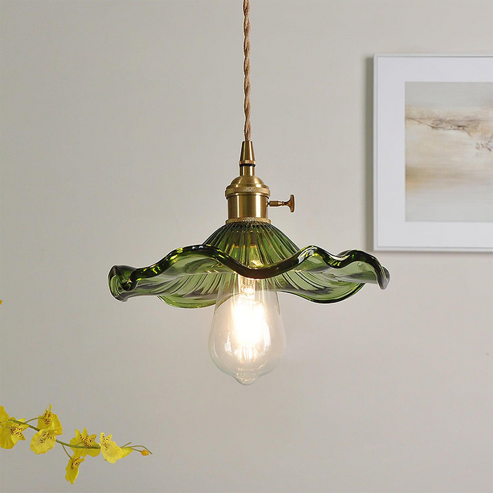 "Elegant Hibiscus Glass Pendant Light, floral design, clear and green colors, adds sophistication with ambient glow, home dec
