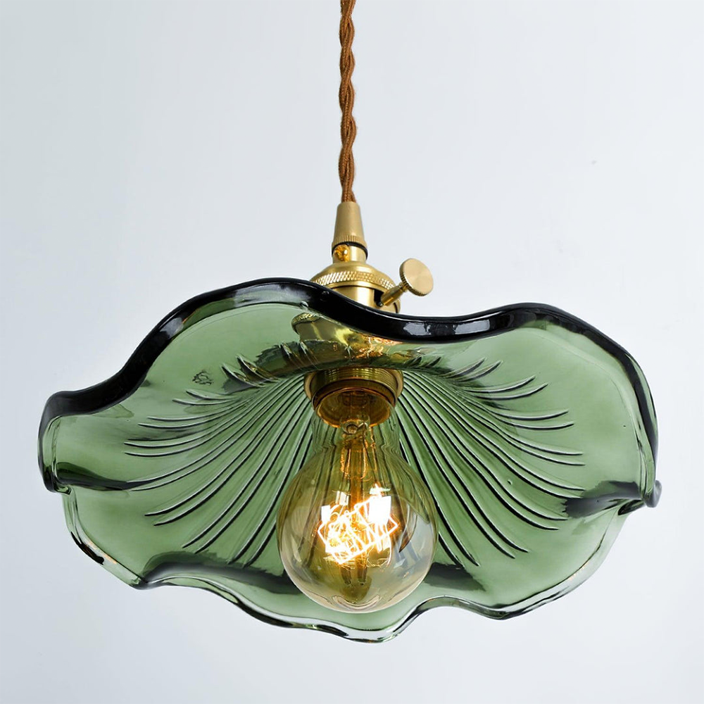 "Elegant Hibiscus Glass Pendant Light, floral design, clear and green colors, adds sophistication with ambient glow, home dec