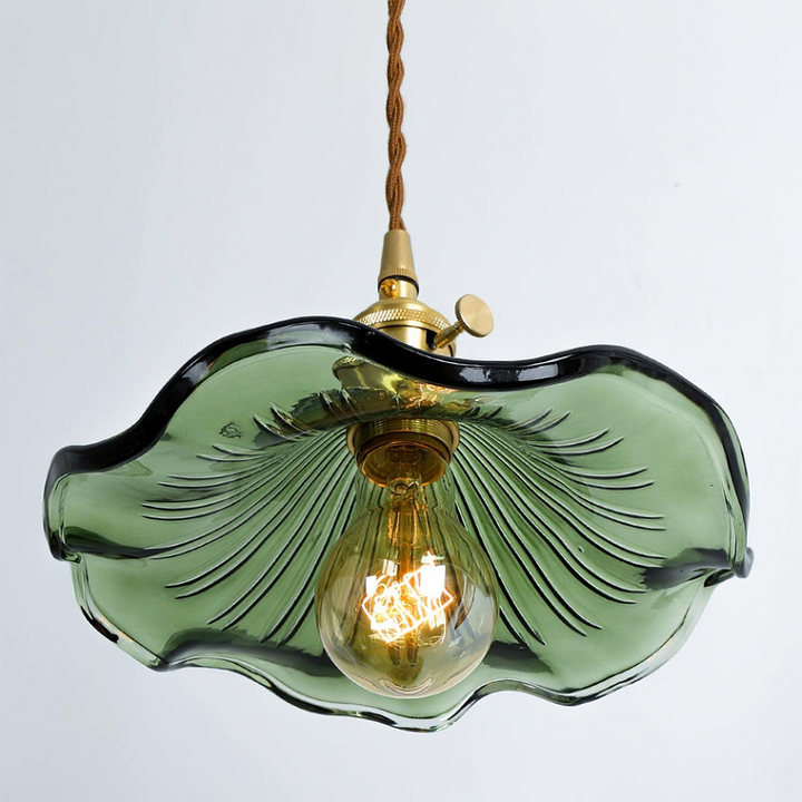 "Elegant Hibiscus Glass Pendant Light, floral design, clear and green colors, adds sophistication with ambient glow, home dec