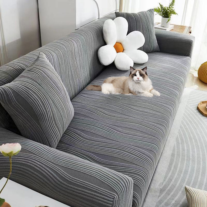 "Elegant jacquard sofa cover with velvet texture, anti-scratch, stretchable and pet-friendly, ideal for stylish protection."