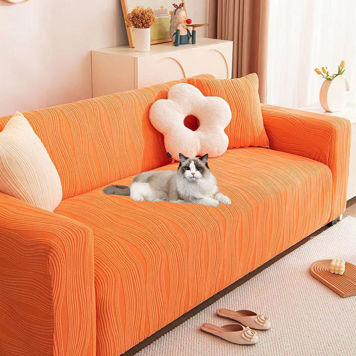 "Elegant jacquard sofa cover with velvet texture, anti-scratch, stretchable and pet-friendly, ideal for stylish protection."