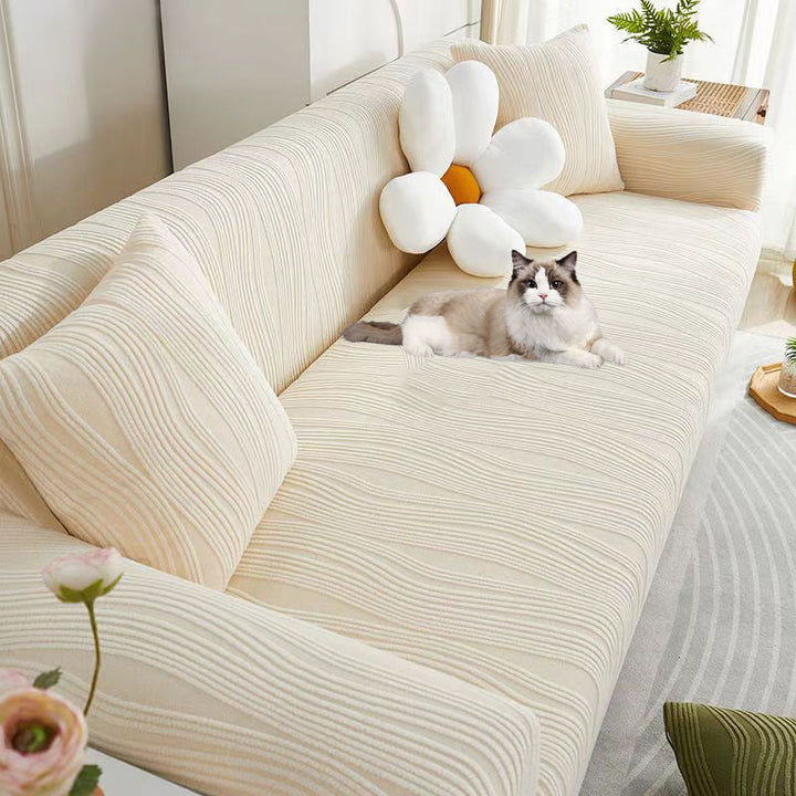 "Elegant jacquard sofa cover with velvet texture, anti-scratch, stretchable and pet-friendly, ideal for stylish protection."