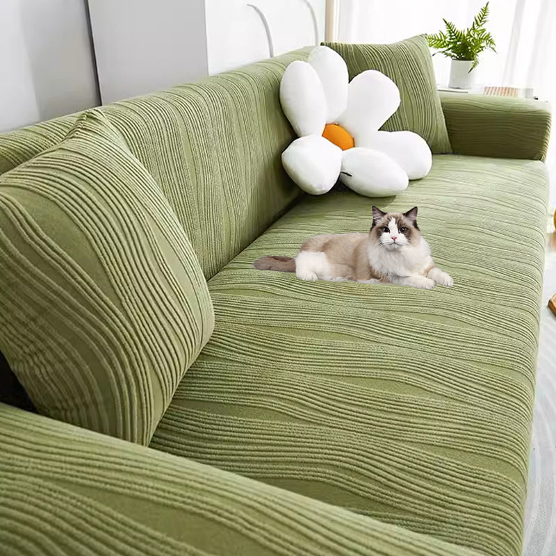 "Elegant jacquard sofa cover with velvet texture, anti-scratch, stretchable and pet-friendly, ideal for stylish protection."