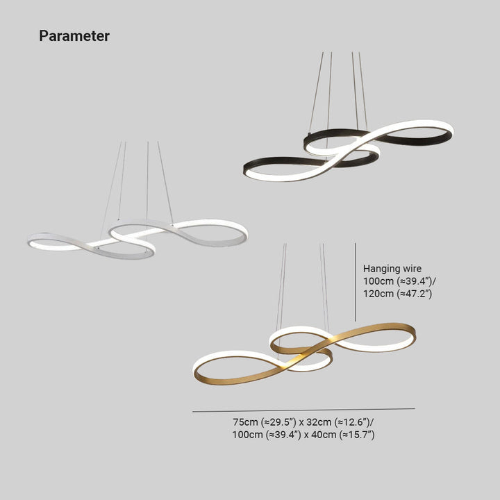 "Elegant LED pendant lamp with musical notes design in metallic black, white, and gold, creating a contemporary aesthetic."