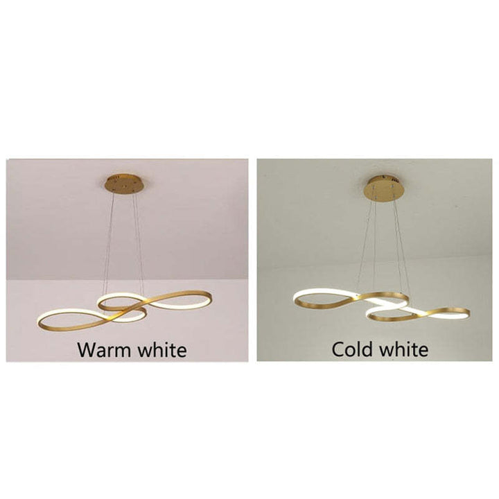 "Elegant LED pendant lamp with musical notes design in metallic black, white, and gold, creating a contemporary aesthetic."