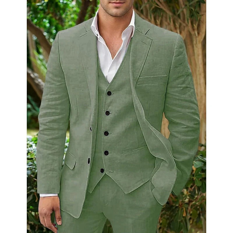 Elegant men's blue linen 3-piece suit set, tailored fit with jacket, waistcoat, trousers. Perfect for formal events.