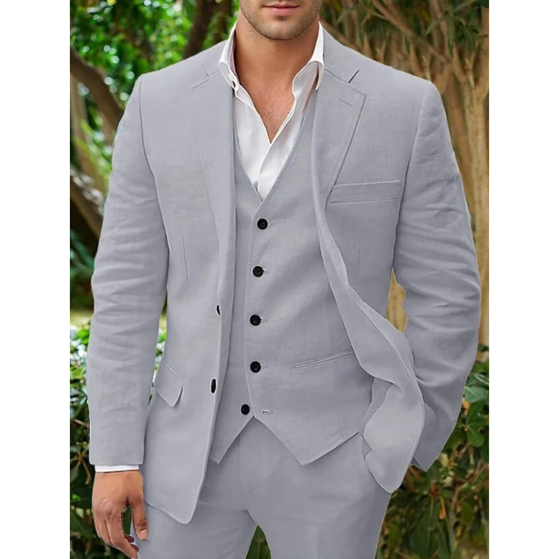 Elegant men's blue linen 3-piece suit set, tailored fit with jacket, waistcoat, trousers. Perfect for formal events.