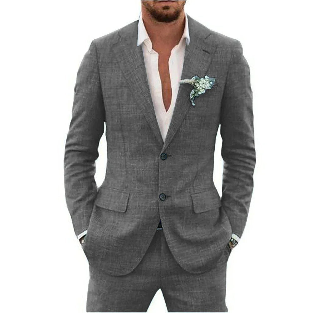 "Elegant men's linen blend suit, tailored fit, versatile for weddings or business, shown in stylish shades, breathable fabric