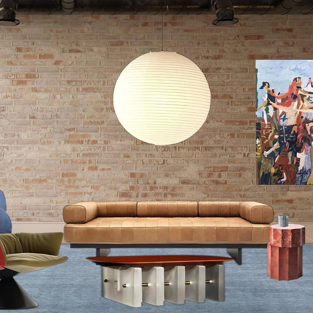 "Elegant modern Japanese paper lantern pendant light with a warm glow, blending contemporary and mid-century design."