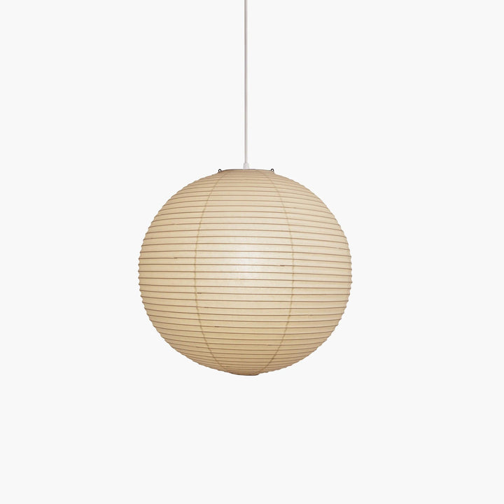 "Elegant modern Japanese paper lantern pendant light with a warm glow, blending contemporary and mid-century design."