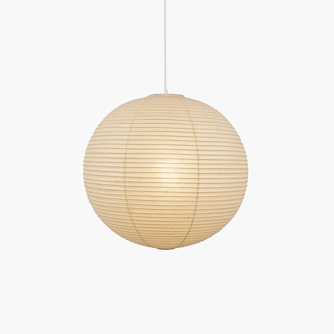 "Elegant modern Japanese paper lantern pendant light with a warm glow, blending contemporary and mid-century design."