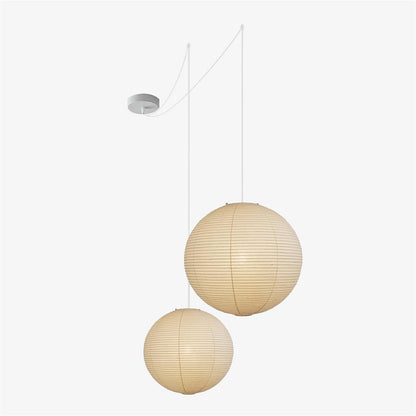 "Elegant modern Japanese paper lantern pendant light with a warm glow, blending contemporary and mid-century design."