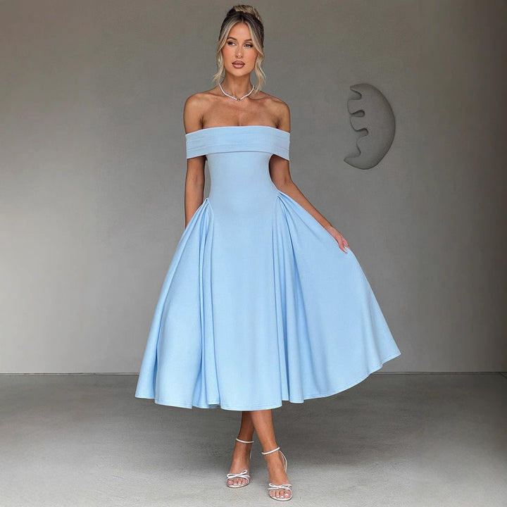 Elegant off-shoulder A-line midi dress in classic colors, designed to highlight graceful silhouettes for formal events.