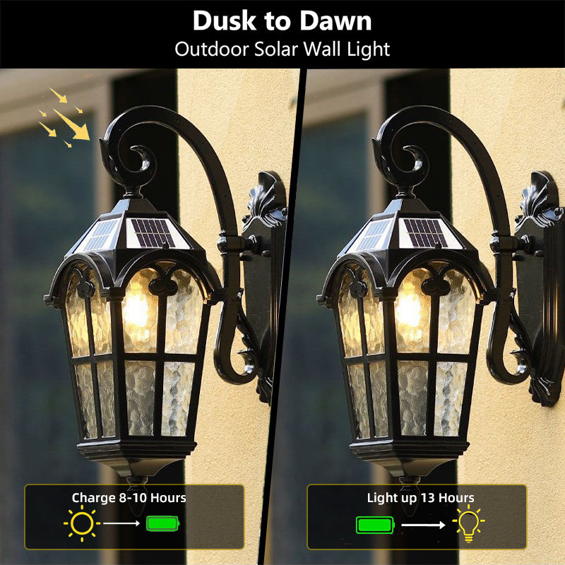Elegant outdoor vintage solar wall light, matte black, IP55 weatherproof, with remote control and ripple glass design.