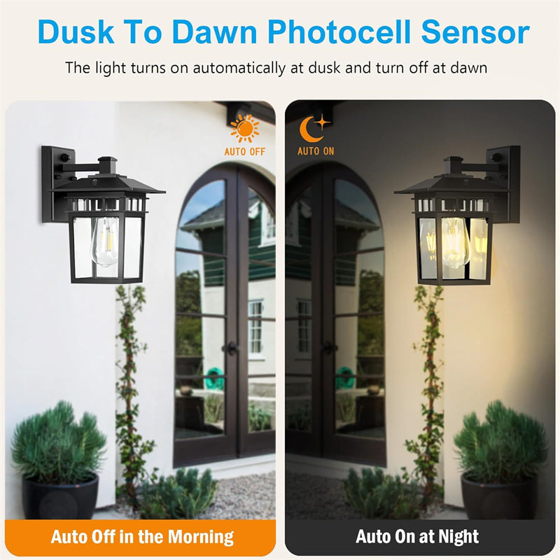 "Elegant outdoor waterproof lantern wall light with black finish and glass shade, perfect for gardens and porches."