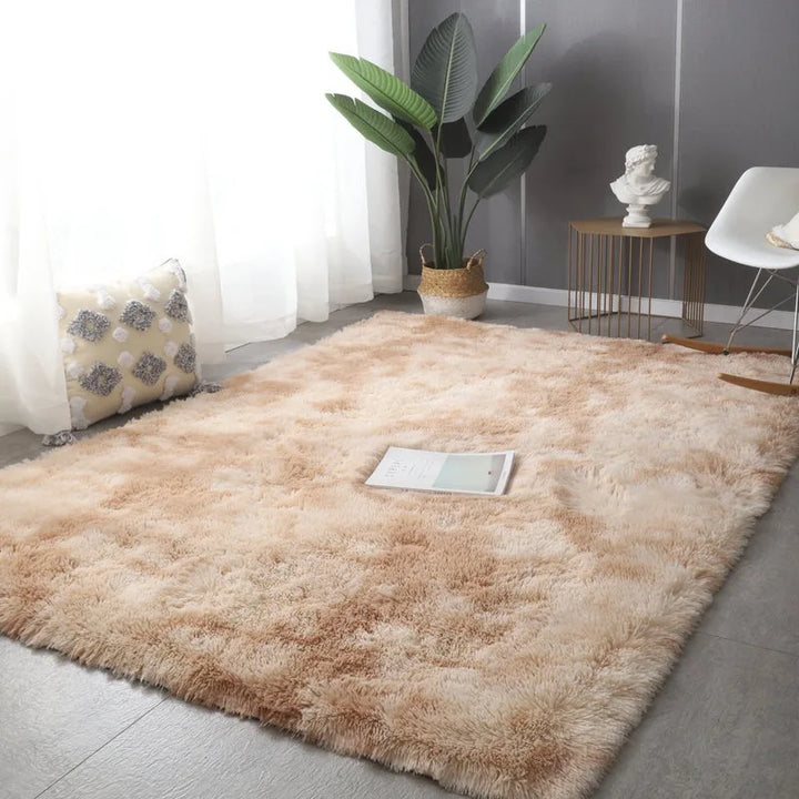 "Elegant round ultra-soft fluffy rug, non-slip, plush texture, perfect for home decor, enhances cozy room atmosphere."