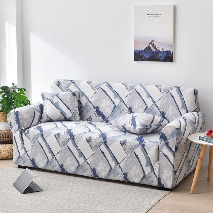"Elegant sea-themed sofa cover for patterned sofas, offering stretch fit and protection in stylish polyester-spandex blend."