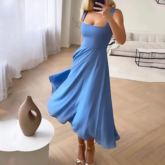Elegant sleeveless A-line midi dress, flowy fit, square neckline, ideal for casual or formal wear, women's dresses.