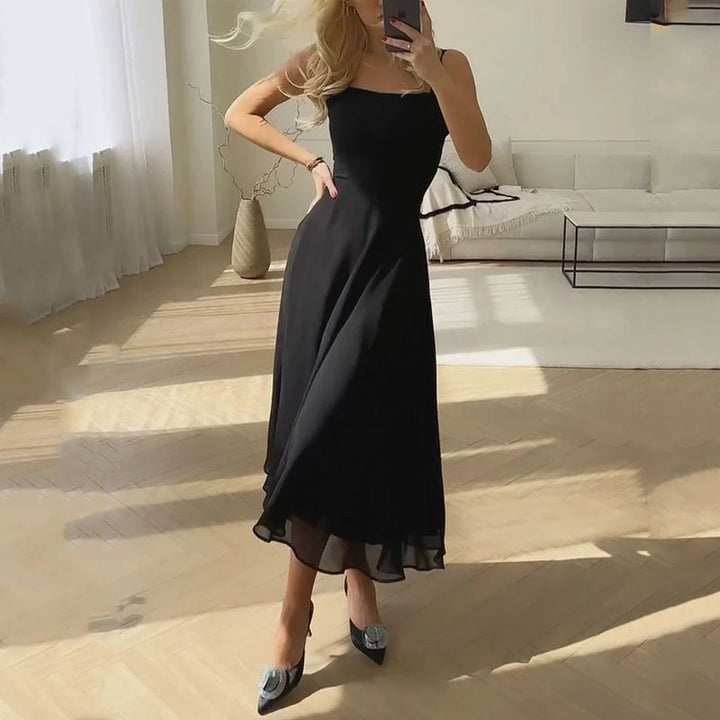 Elegant sleeveless A-line midi dress, flowy fit, square neckline, ideal for casual or formal wear, women's dresses.