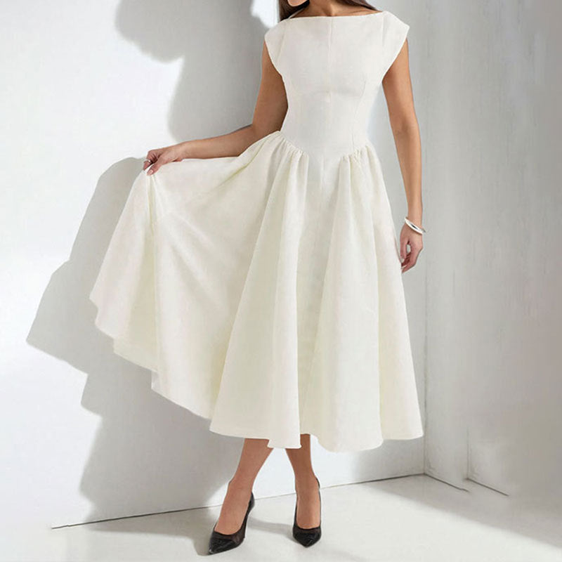 Elegant sleeveless pleated midi dress for women, perfect for any occasion, available in apricot, black, red, white.