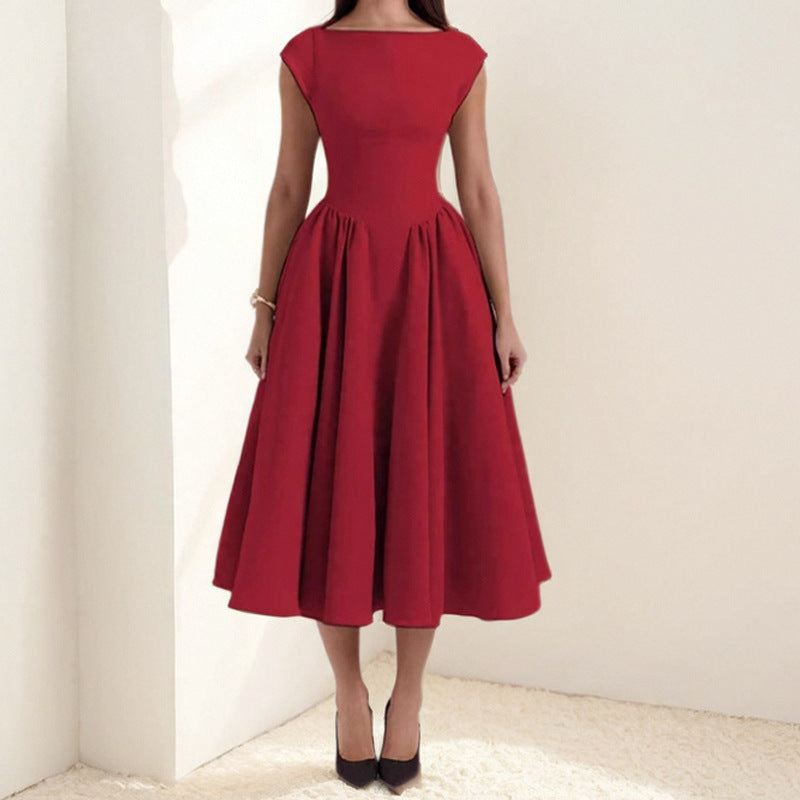 Elegant sleeveless pleated midi dress for women, perfect for any occasion, available in apricot, black, red, white.