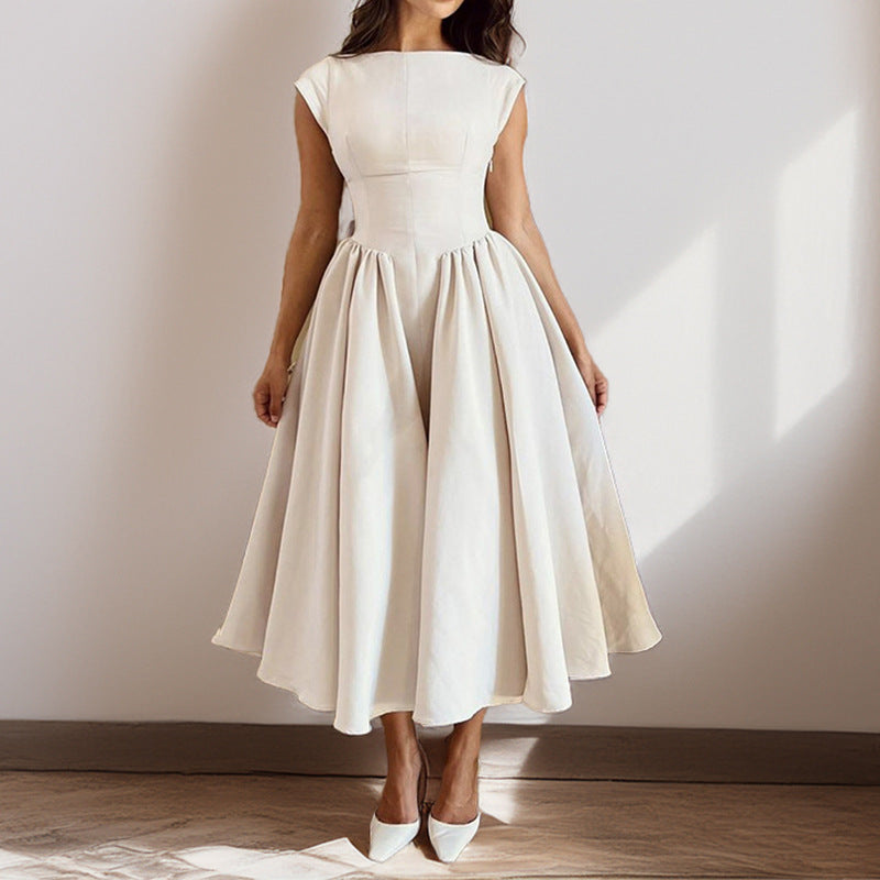 Elegant sleeveless pleated midi dress for women, perfect for any occasion, available in apricot, black, red, white.