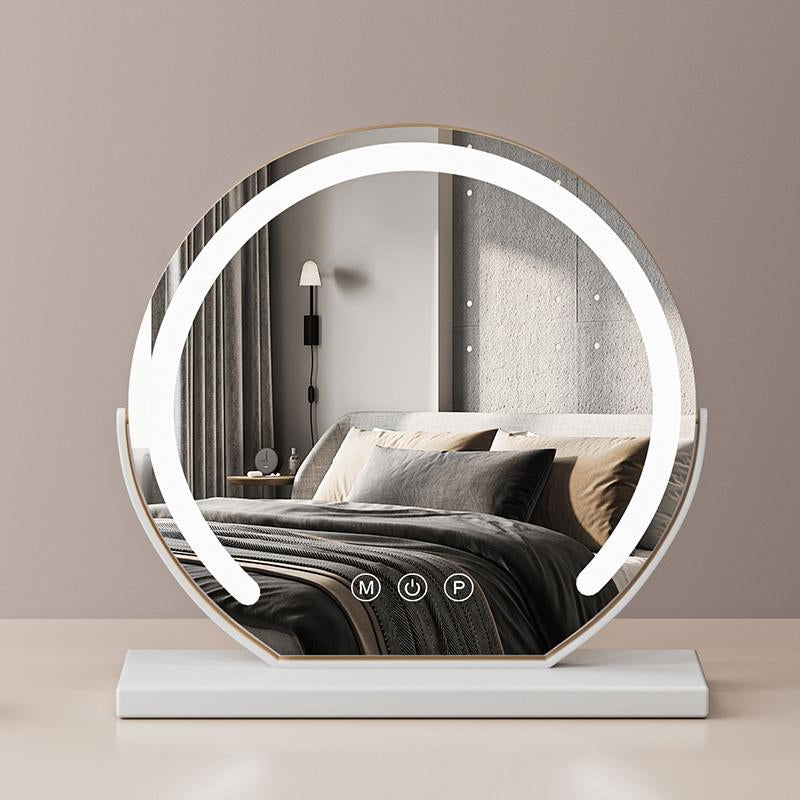 "Elegant smart LED vanity mirror with touch control, adjustable lighting, and 360° rotation for perfect makeup application."
