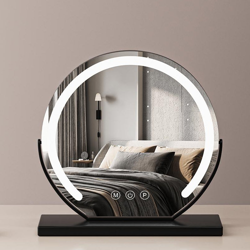 "Elegant smart LED vanity mirror with touch control, adjustable lighting, and 360° rotation for perfect makeup application."