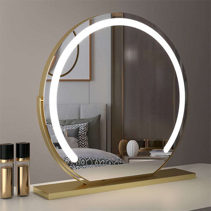 "Elegant smart LED vanity mirror with touch control, adjustable lighting, and 360° rotation for perfect makeup application."