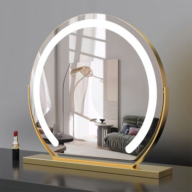 "Elegant smart LED vanity mirror with touch control, adjustable lighting, and 360° rotation for perfect makeup application."