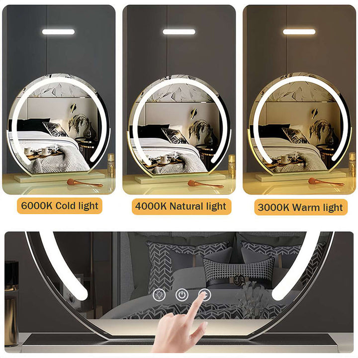 "Elegant smart LED vanity mirror with touch control, adjustable lighting, and 360° rotation for perfect makeup application."