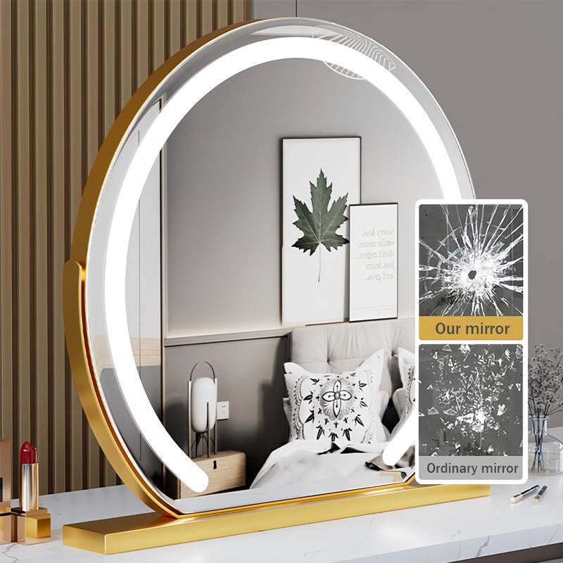 "Elegant smart LED vanity mirror with touch control, adjustable lighting, and 360° rotation for perfect makeup application."