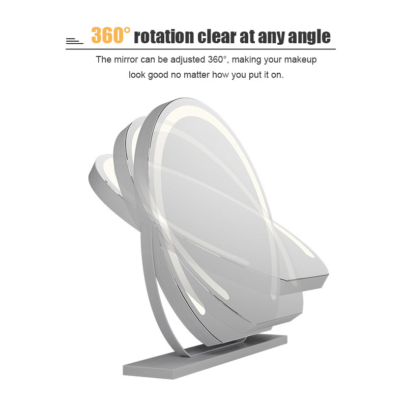 "Elegant smart LED vanity mirror with touch control, adjustable lighting, and 360° rotation for perfect makeup application."