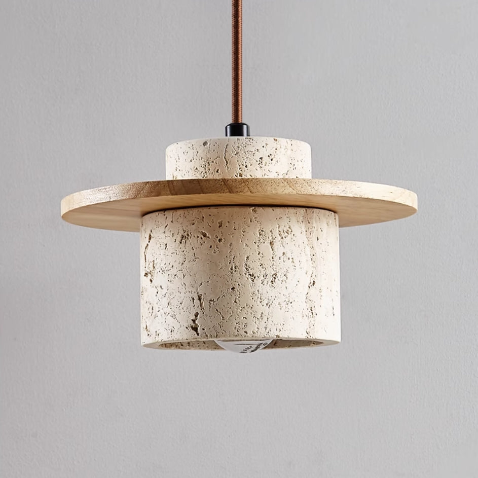 "Elegant travertine pendant light with matte finish; yellow stone, adjustable cord, retro charm, ideal for dining rooms."