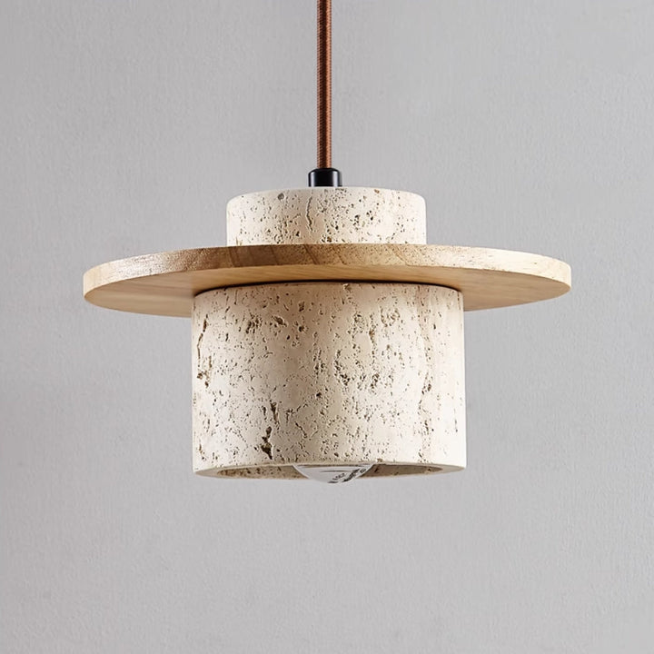 "Elegant travertine pendant light with matte finish; yellow stone, adjustable cord, retro charm, ideal for dining rooms."
