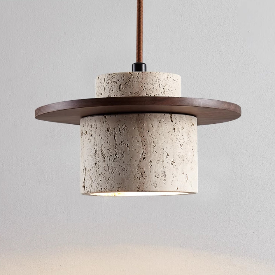 "Elegant travertine pendant light with matte finish; yellow stone, adjustable cord, retro charm, ideal for dining rooms."