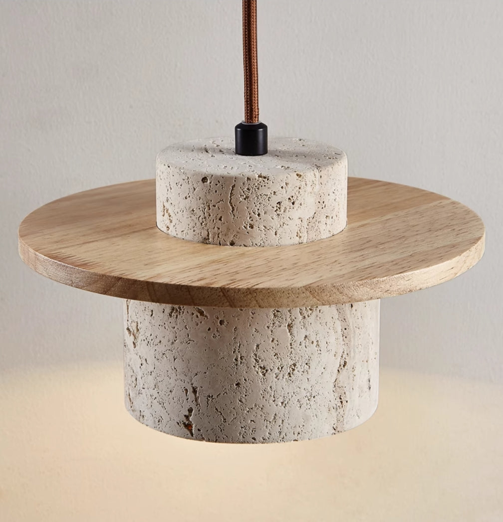 "Elegant travertine pendant light with matte finish; yellow stone, adjustable cord, retro charm, ideal for dining rooms."