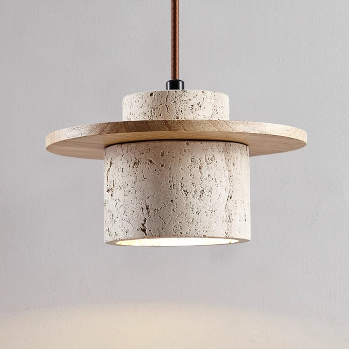 "Elegant travertine pendant light with matte finish; yellow stone, adjustable cord, retro charm, ideal for dining rooms."