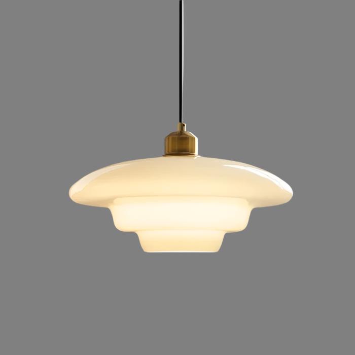 Elegant white glass pendant light with brass fixture, mid-century design, perfect for modern or classic interiors, adds luxur