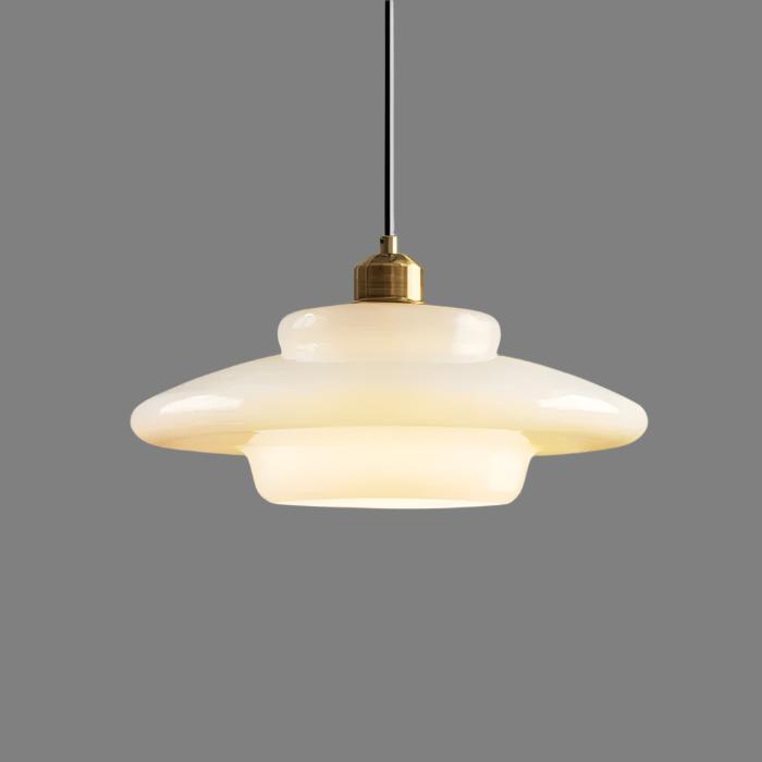 Elegant white glass pendant light with brass fixture, mid-century design, perfect for modern or classic interiors, adds luxur