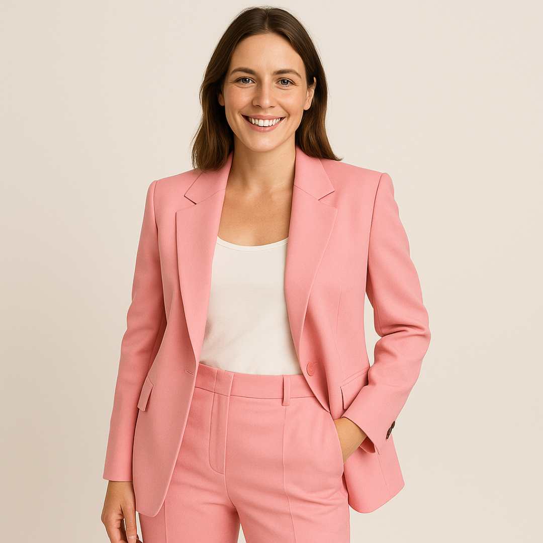 Elegant women's business suit in classic tailoring, navy blue color, perfect for formal and professional settings.
