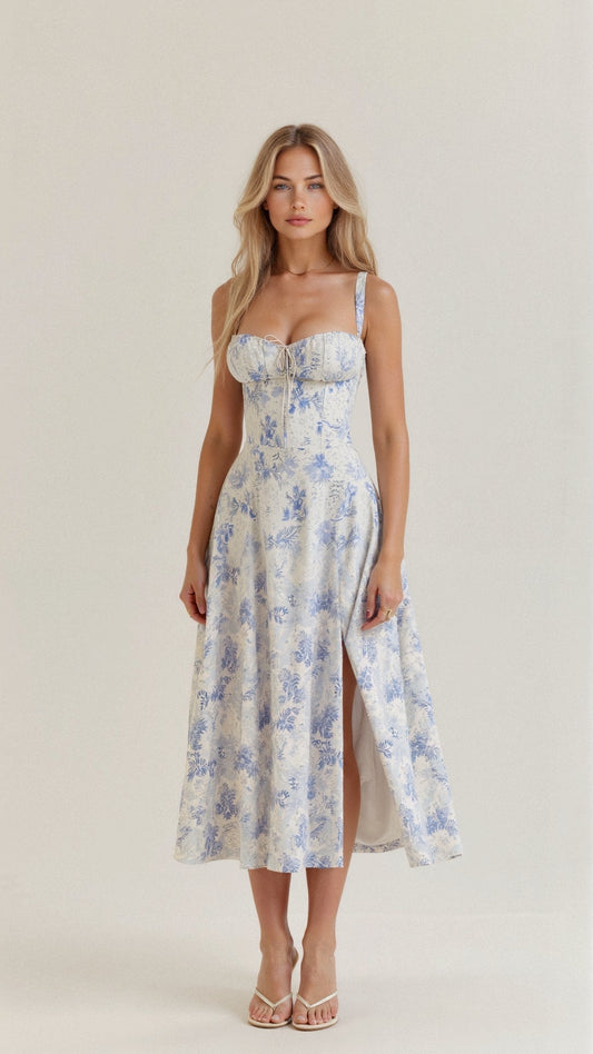 "Elegant women's corset-style waist dress with romantic sweetheart neckline and bow accent, perfect for warm-weather outings.